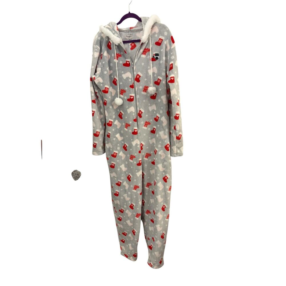 Bear Paw One Piece Pajamas Jammies Christmas Holiday Zip up Pom Pom Tie 1X Hood
